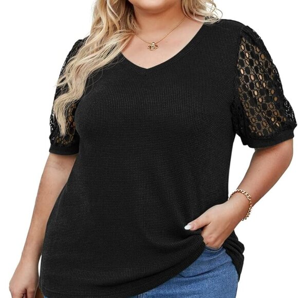Plus Size Tops for Women Summer Blouse Waffle Knit Short Lace Sleeve Shirts - Picture 2 of 5